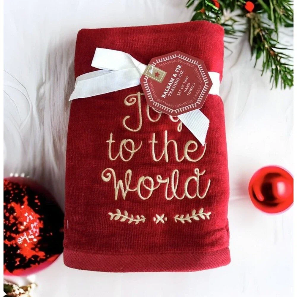 Christmas Hand Towels Embroidered Joy To The World Red Gold Guest Bath Set of 2